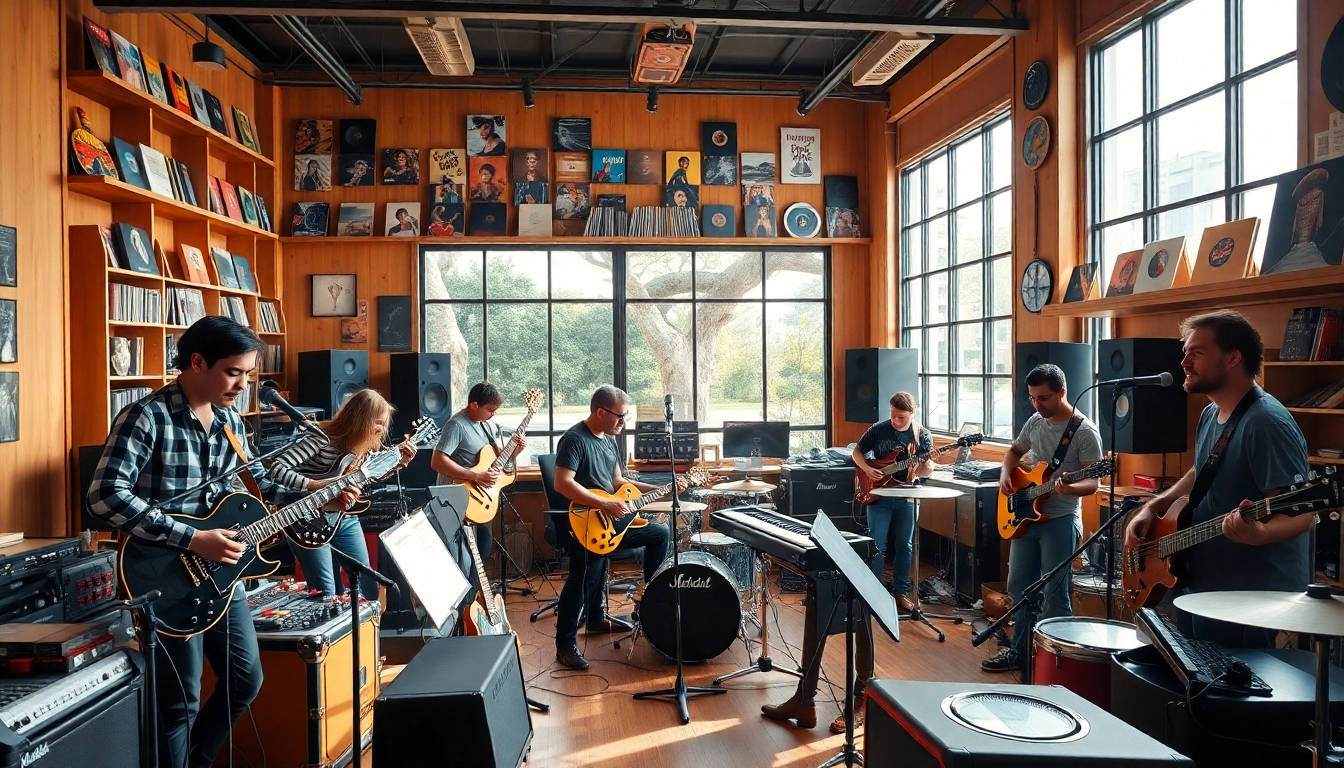 Engaging collaboration among musicians in a lively studio setting, showcasing Music PR Firms' dynamic environment.