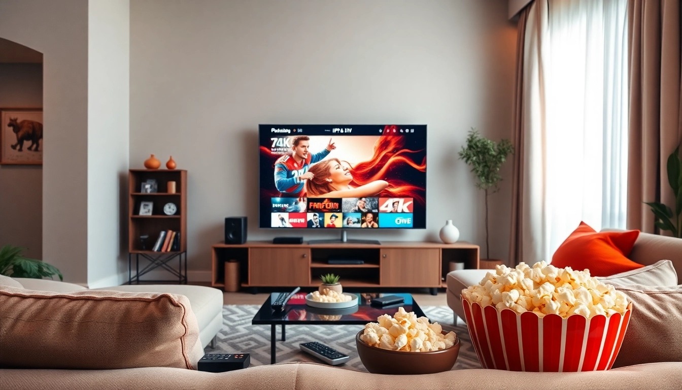 Comprar IPTV en un acogedor salón moderno con pantalla 4K y ambiente relajante.