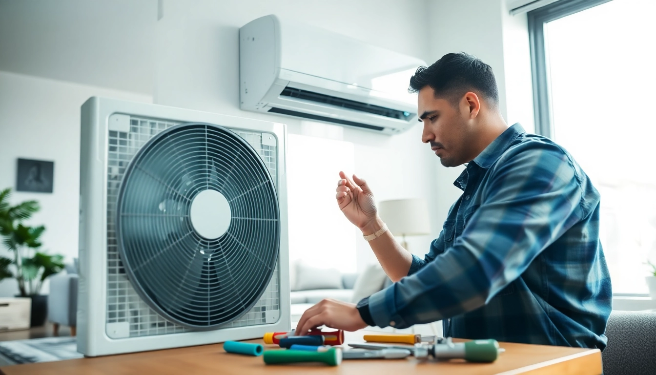 Ensure optimal Air Conditioning service palm desert ca by a skilled technician in a bright residential setting.