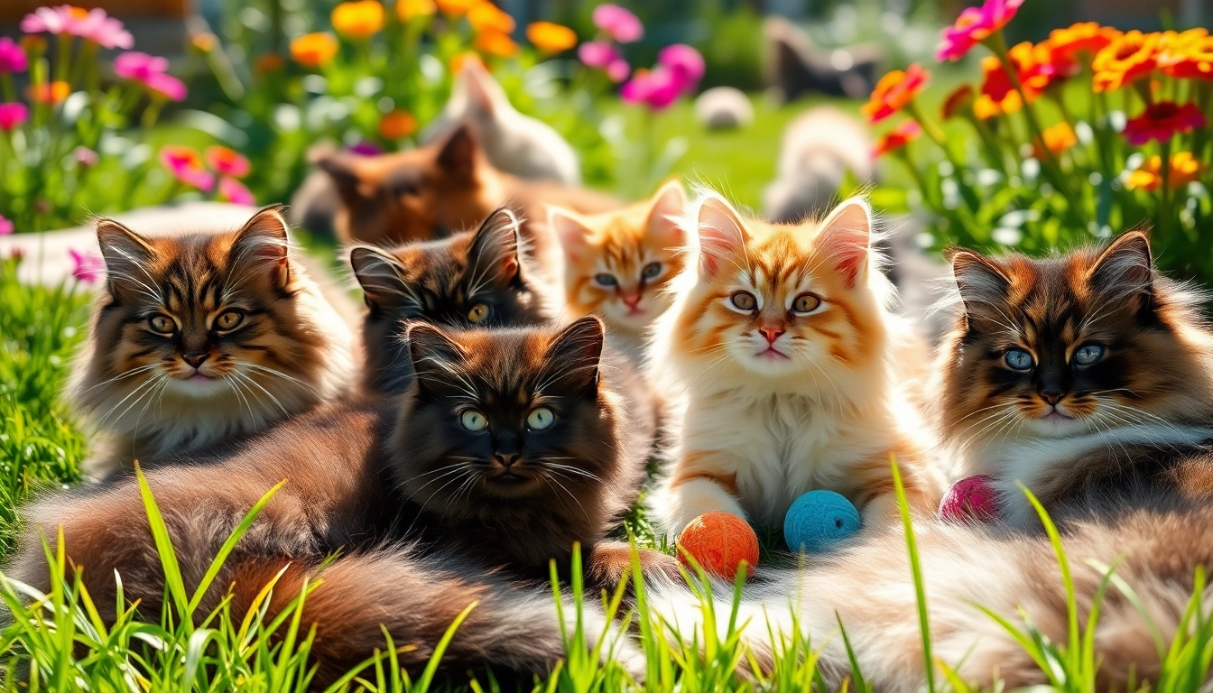Maine Coon cats for sale near me enjoying a sunny garden with colorful flowers.