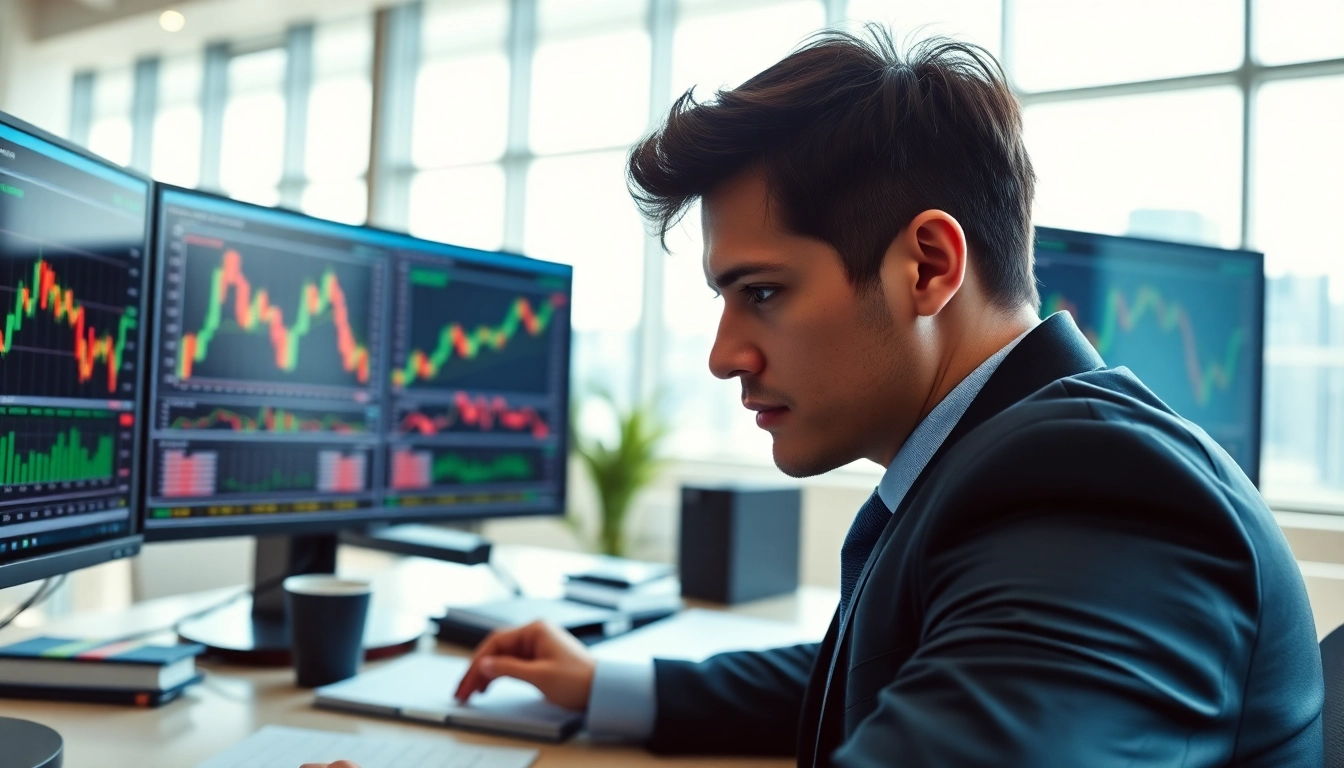 Forex trader focused on market analysis with dual monitors in a modern office setting
