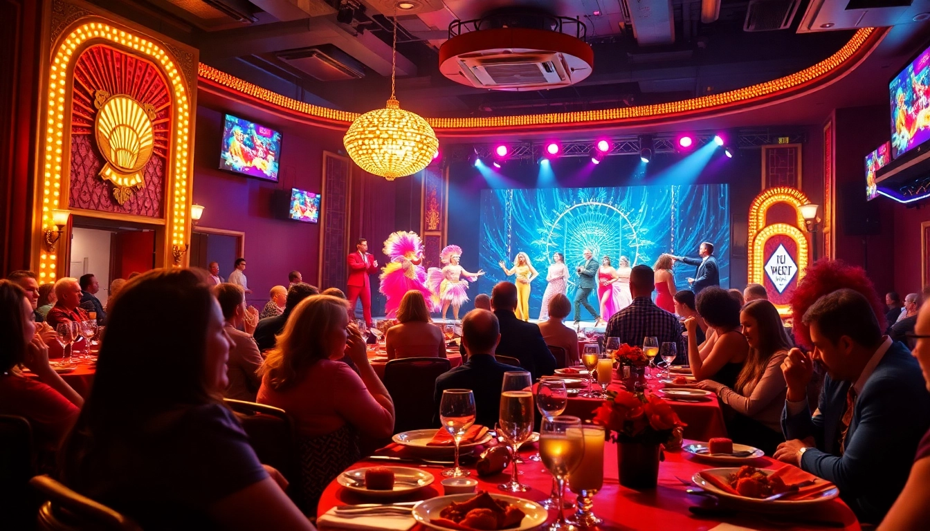 Enjoy a lively dinner theater in las vegas with guests and performers in colorful costumes.