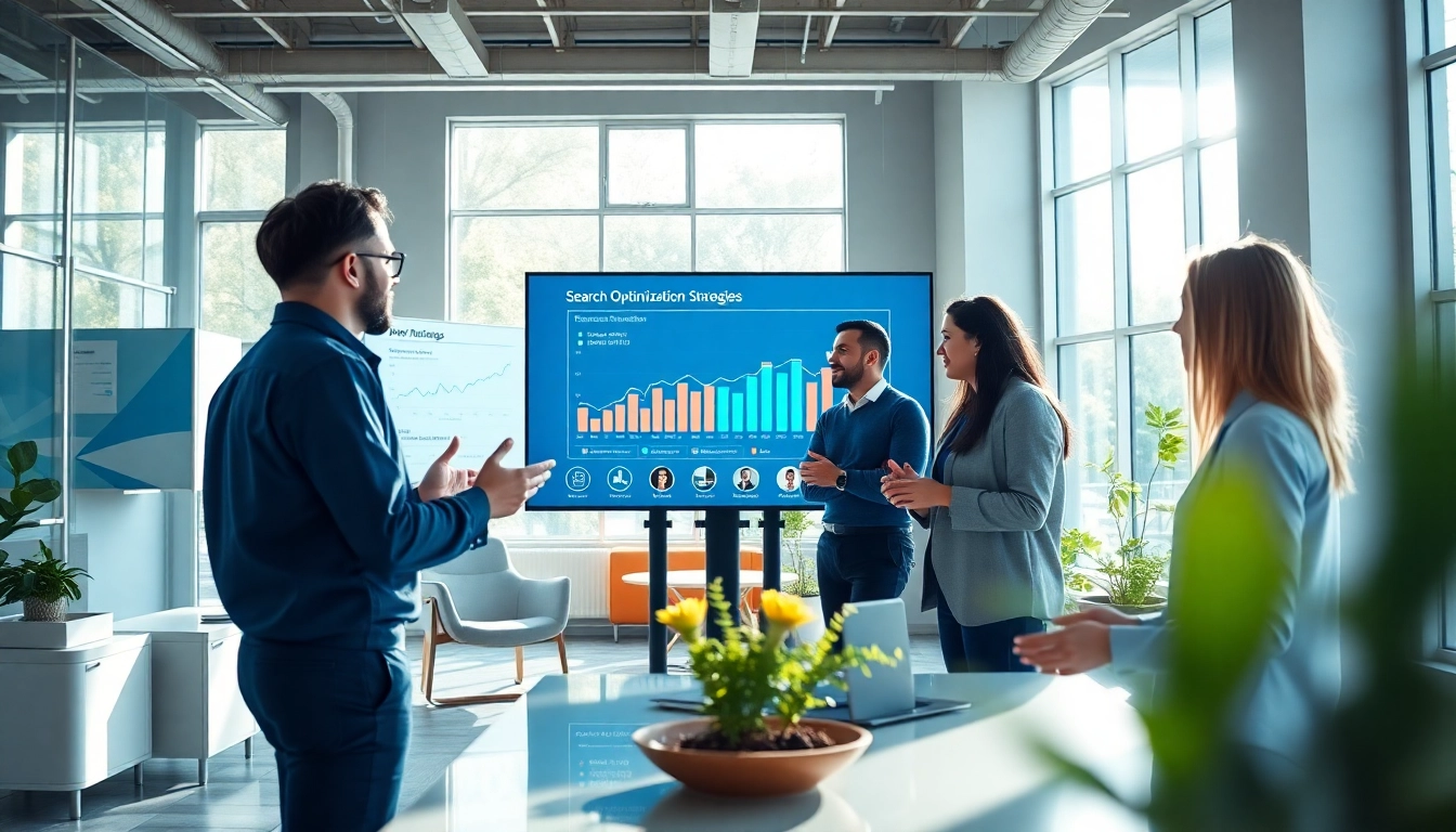 Interactive workspace of a search optimization company showcasing teamwork and analytics insights.