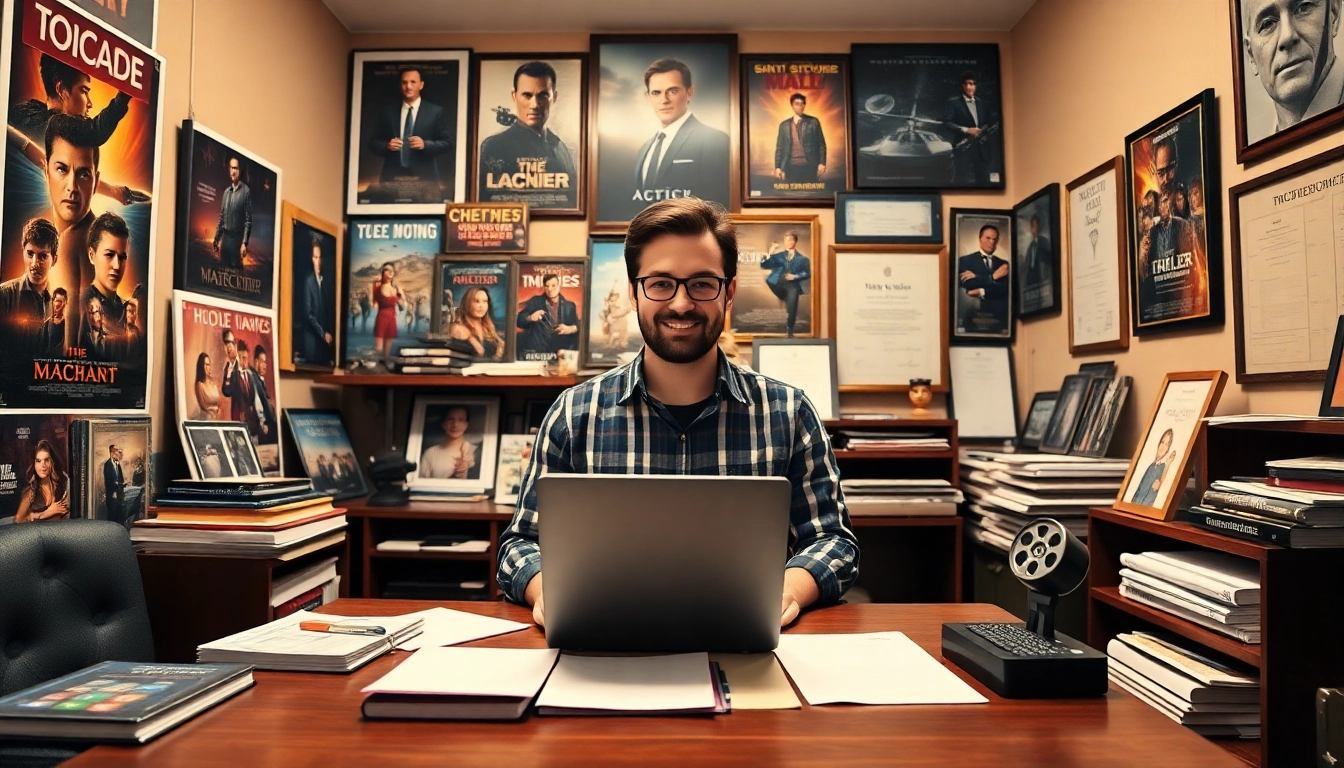 Engaging scene of a film review blogger at http://everymoviehasalesson.com in a cozy office setting surrounded by movie memorabilia.