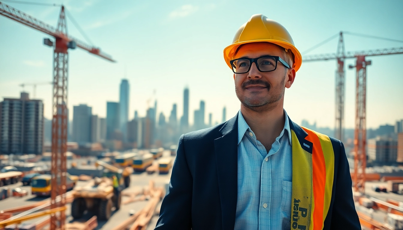 New York Construction Manager assessing project status at a bustling construction site.
