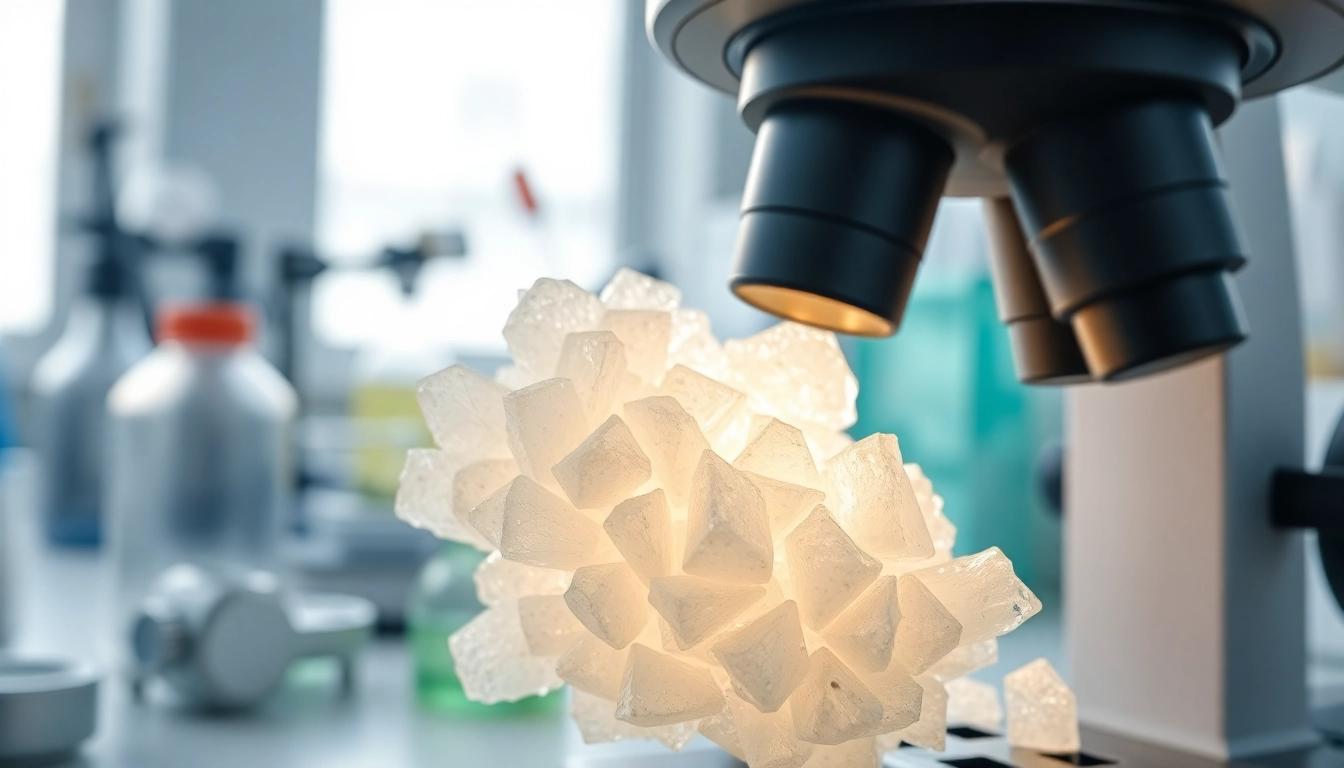Zeolit medyczny w laboratorium, zbliżenie na kryształy pod mikroskopem.