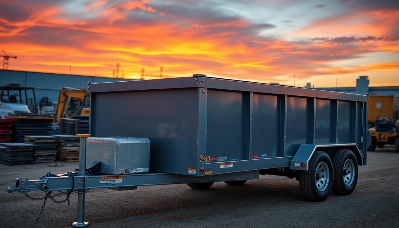 Showcasing dumpster trailers for sale in a professional environment with construction materials.