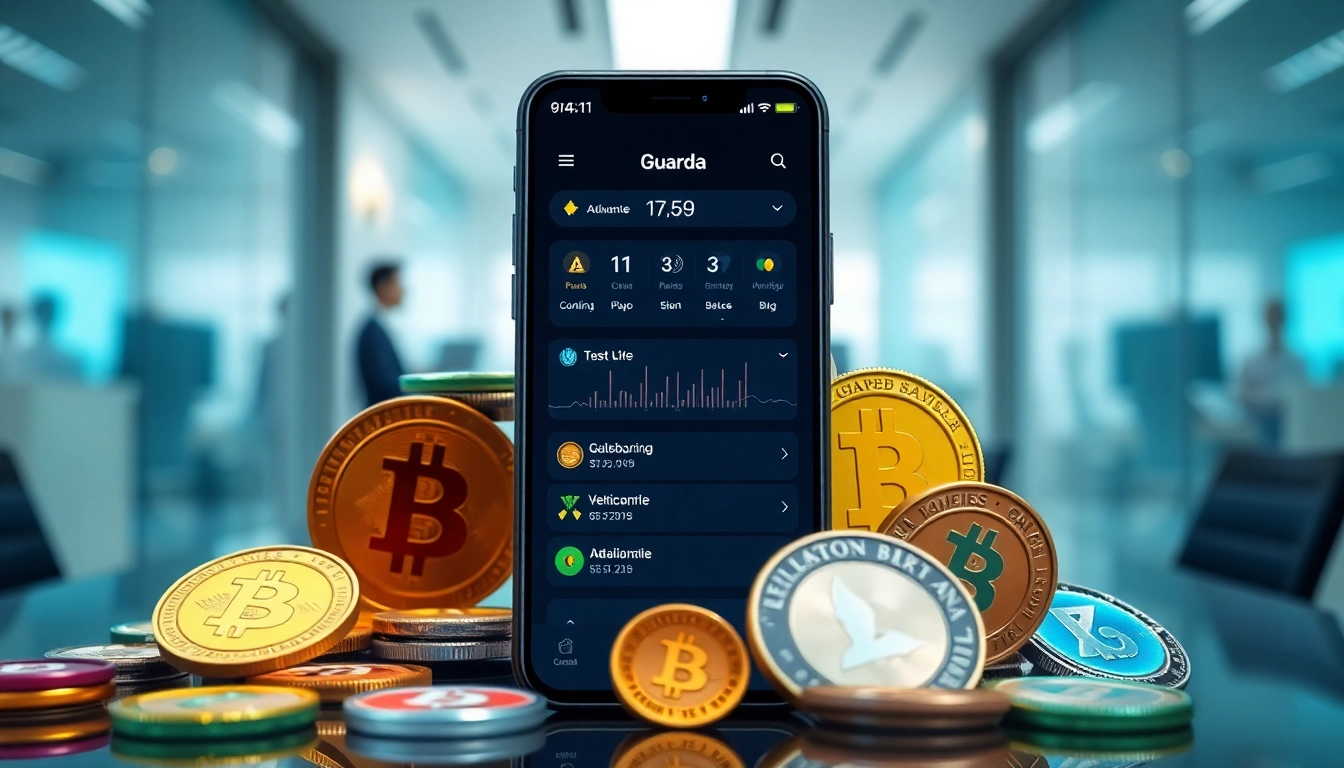 Showcasing the guarda wallet interface surrounded by colorful cryptocurrency tokens for secure digital asset management.