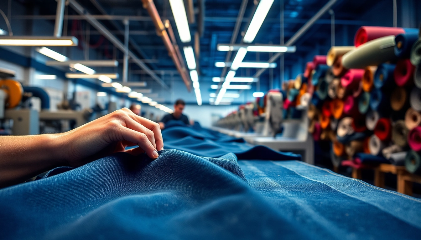 Artisans crafting high-quality jeans manufacturers with intricate stitching in a vibrant workshop.