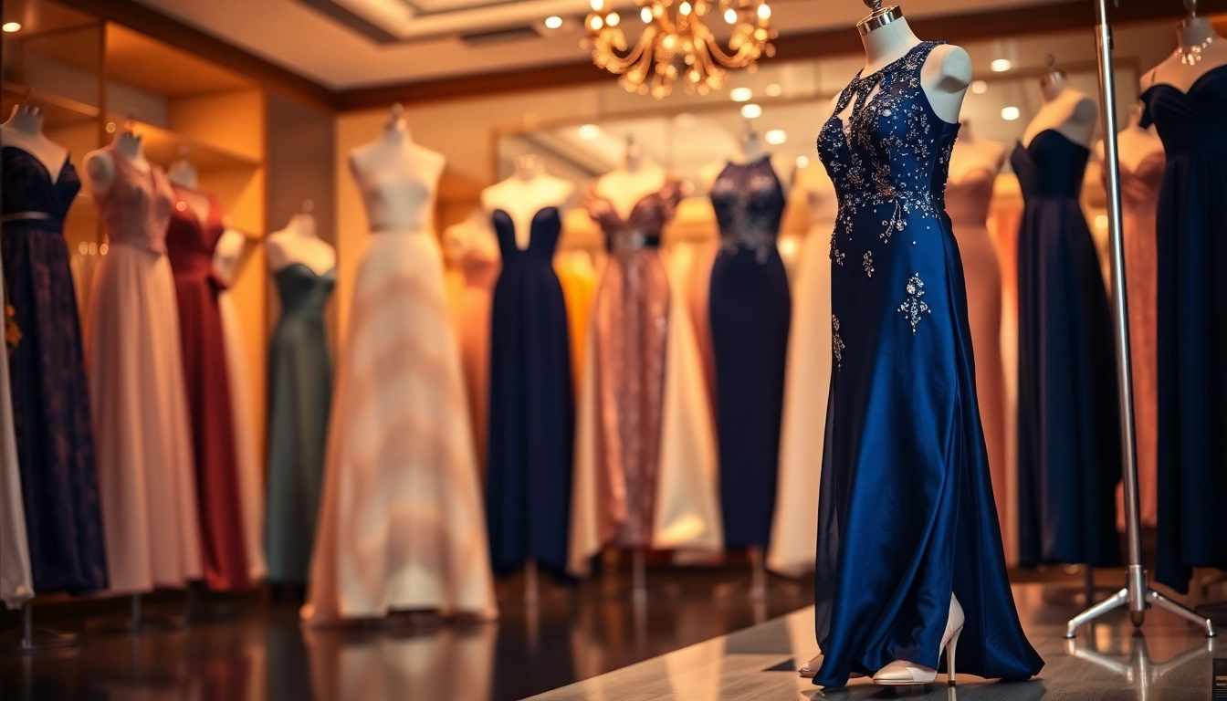 Showcase of elegant Evening Dresses featuring intricate details and rich colors in a boutique.