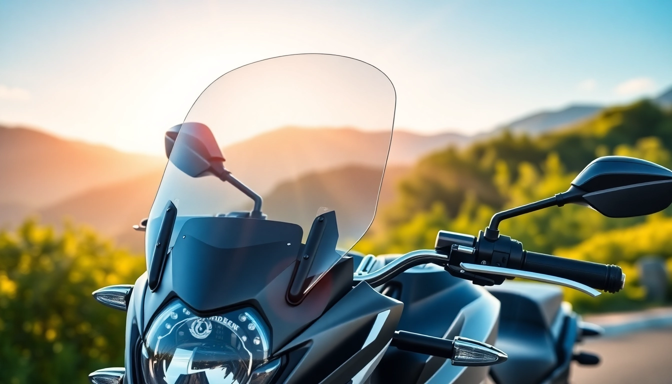 Explore premium motorcycle windshields showcasing style and durability against a vibrant outdoor backdrop.