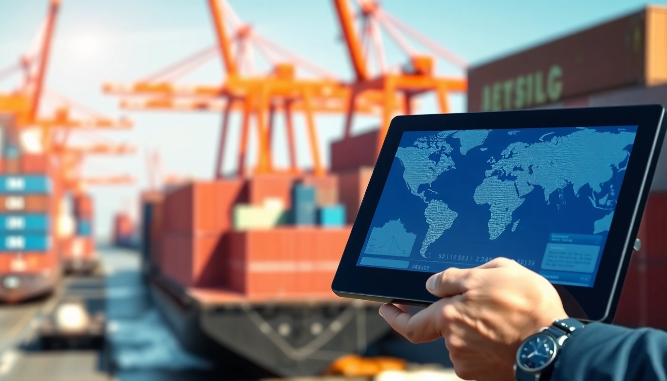 Engaging illustration of Online Container Tracking through a digital interface showing real-time logistics.
