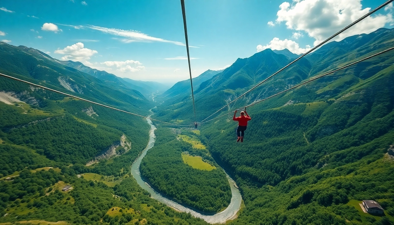 Uživanje v adrenalinskem doživetju Bovec zipline nad slikovito dolino Učja.