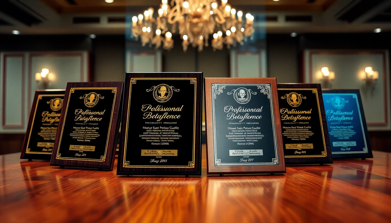 Showcase of custom award plaques featuring unique engravings and elegant designs on display.
