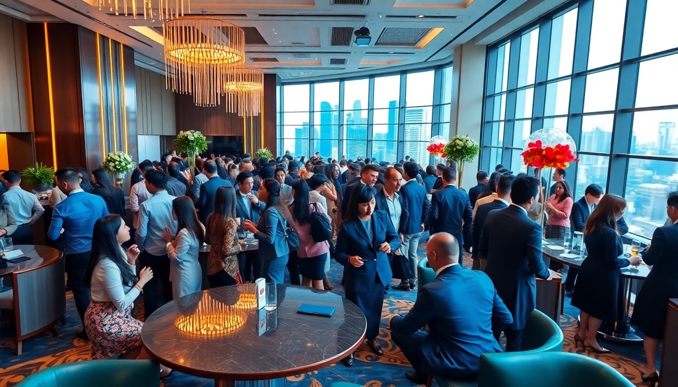 Event agency Singapore hosting a lively corporate event with professionals interacting.