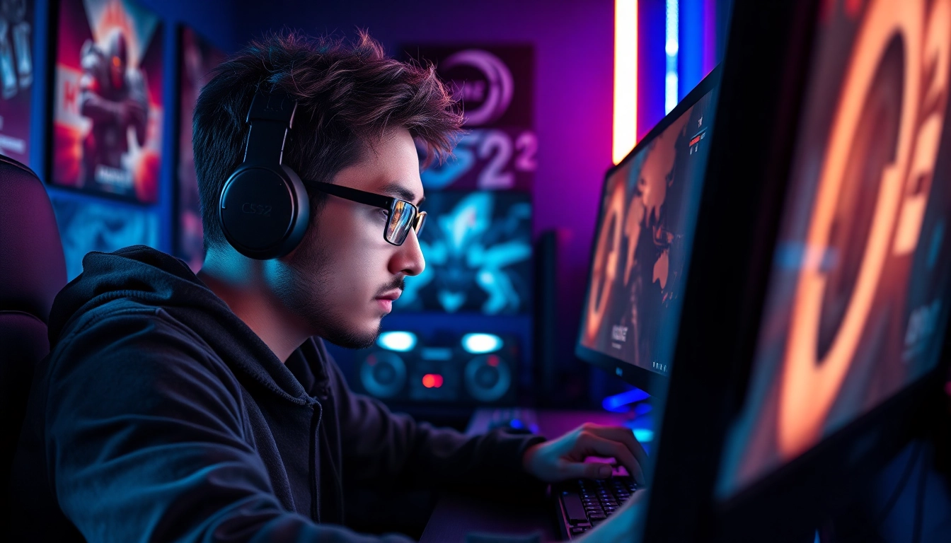 Gamer utilizing a CS2 Legit Cheat in an immersive gaming setup with dramatic lighting.