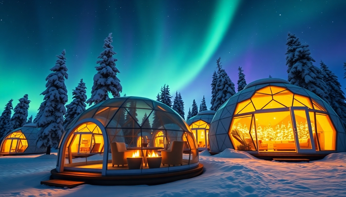 Enjoy a stunning view of igloo hotels lapland illuminated under the Northern Lights.
