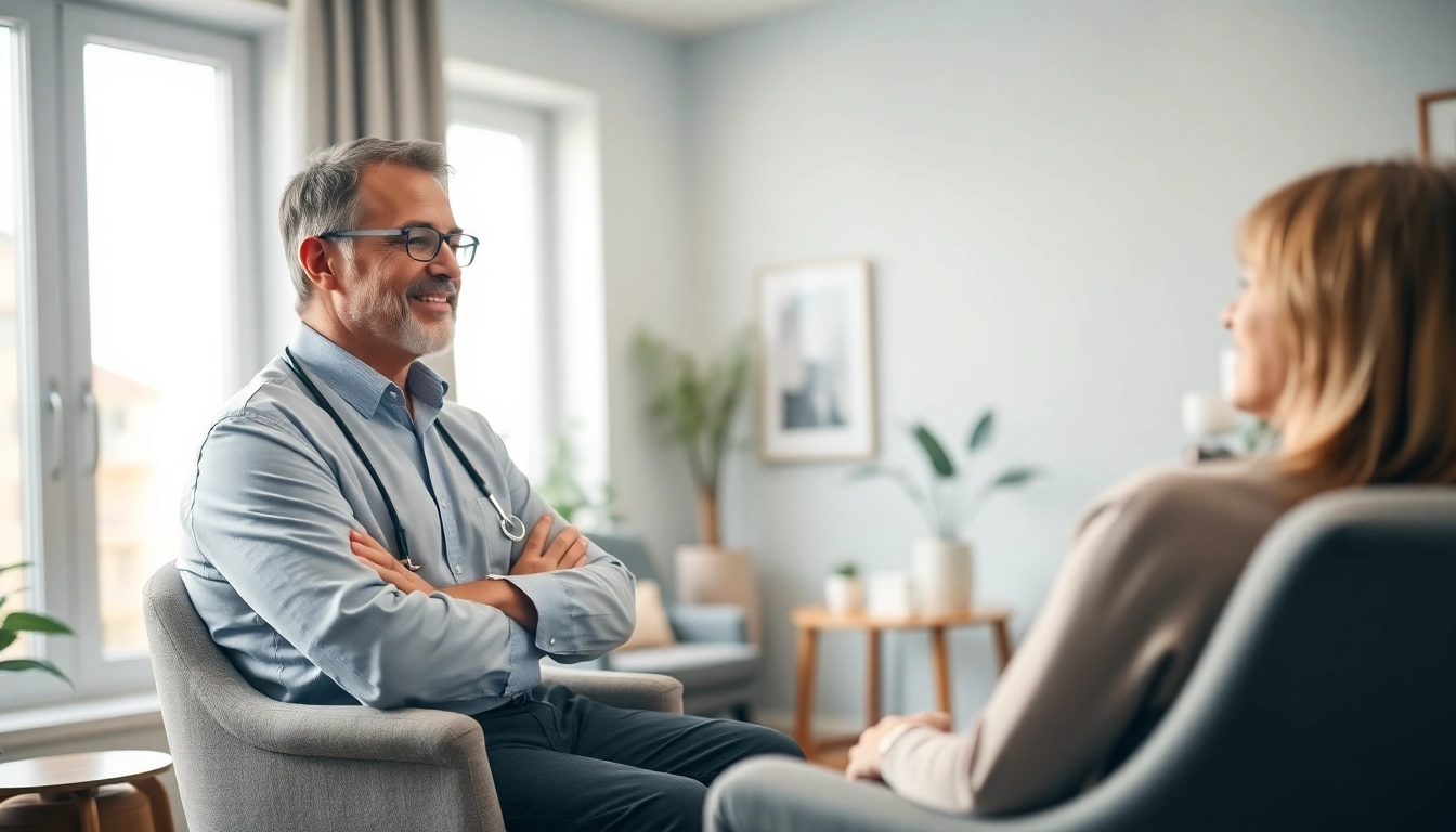 Engaged psychiatrist providing care during a patient consultation in a calm therapy setting.