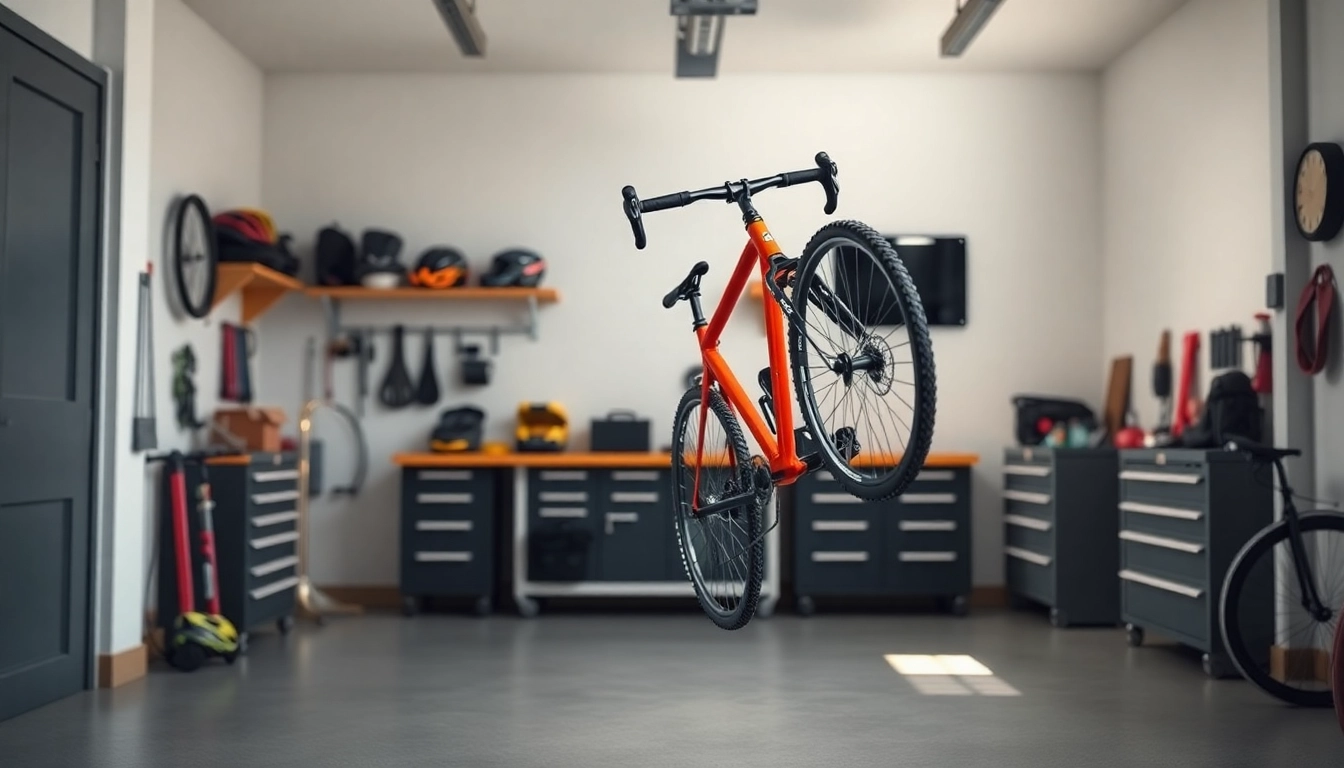 Secure your bicycle with a stylish bike wall mount in a well-organized garage.