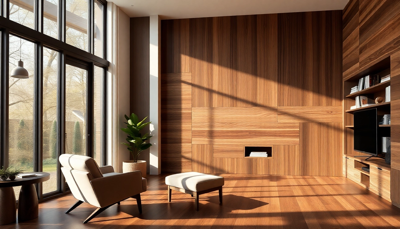 Explore the wood veneer hub featuring modern wood paneling in a contemporary living room setting.