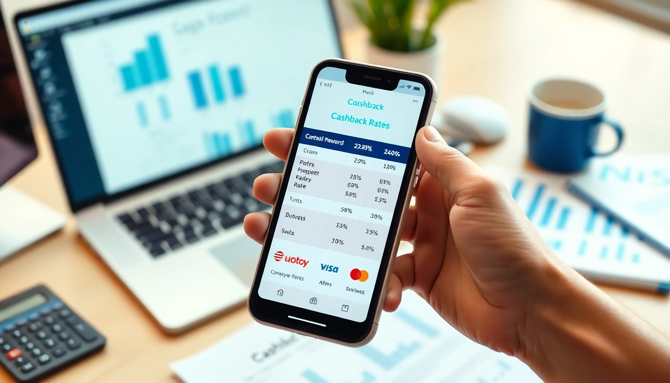 Compare cashback rates displayed on a smartphone amidst financial analysis tools.