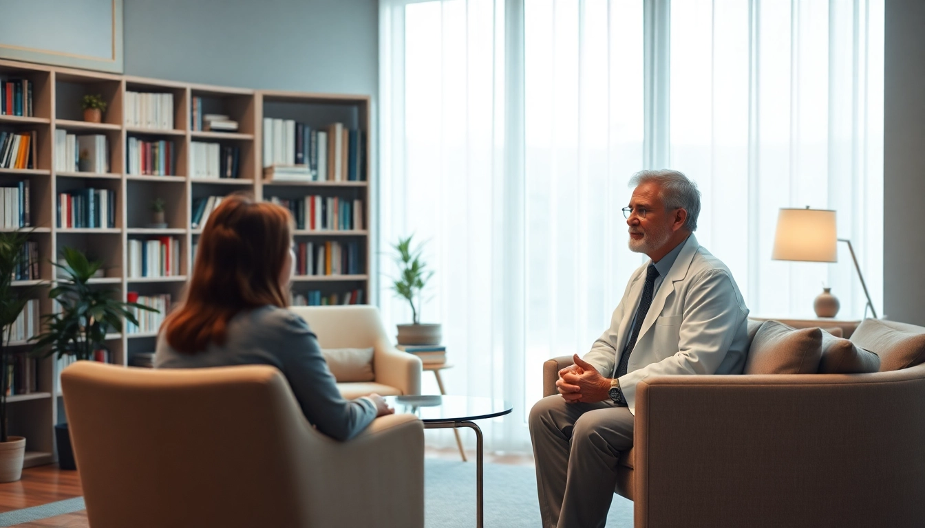 Psychiatrist consulting in a cozy, well-lit office, promoting mental health discussions.