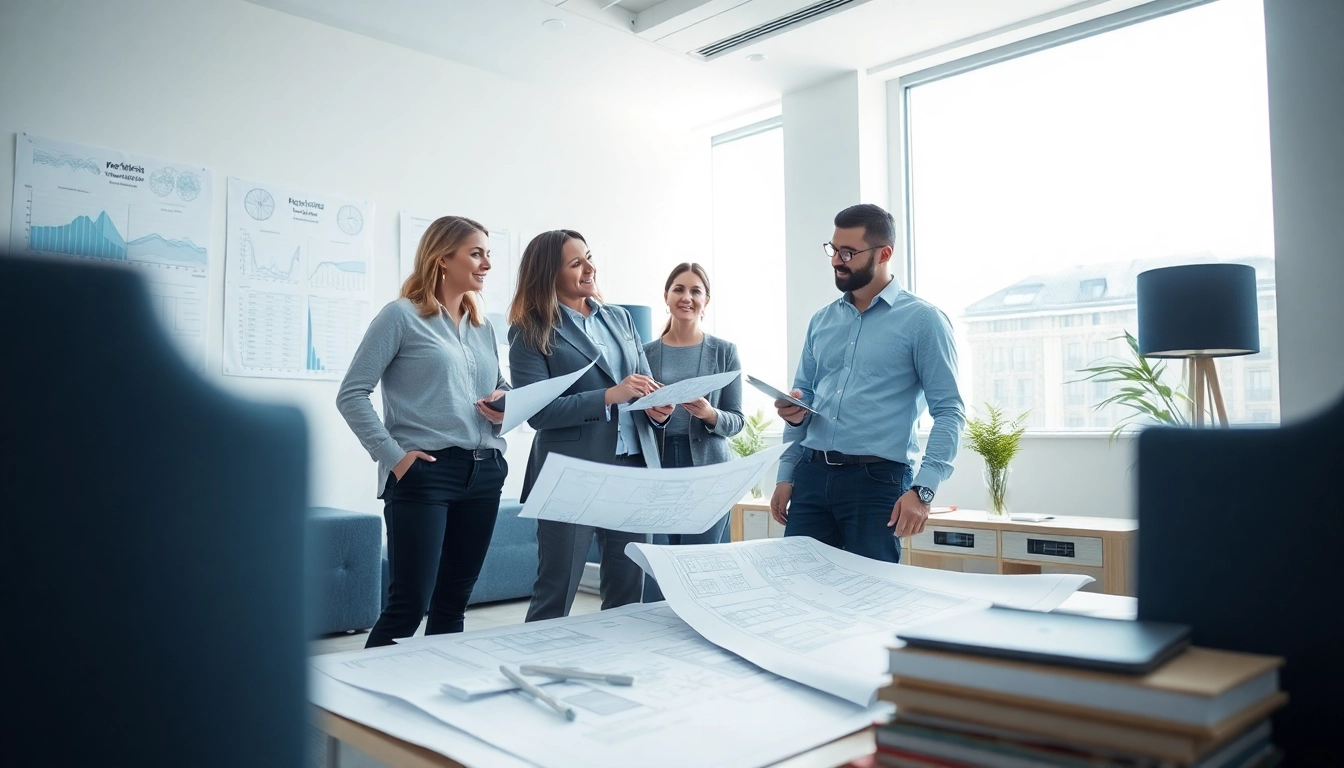 Designing sound solutions with professionals at https://www.polarisacoustics.com in a modern office.