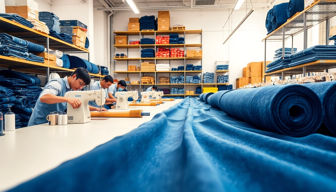 Artisans at jeans manufacturers skillfully crafting high-quality denim in a vibrant workshop.