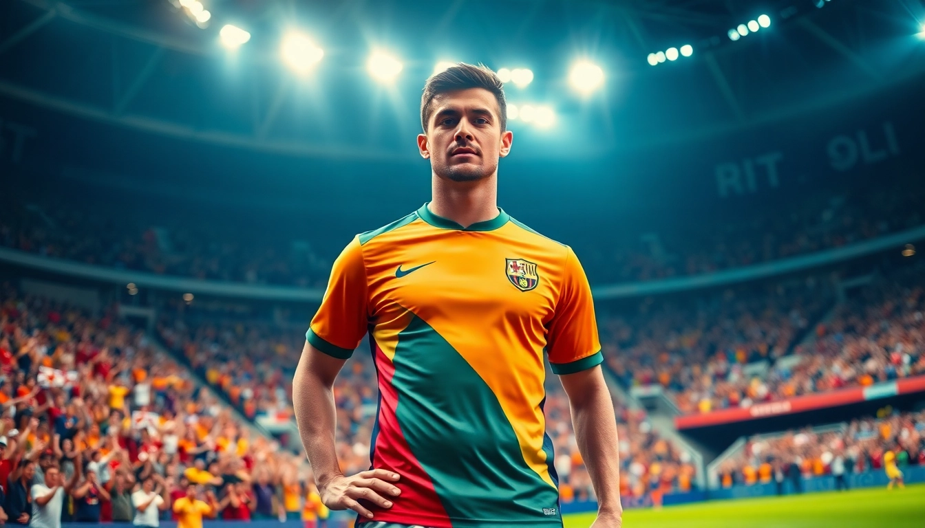 Showcasing a player in a cheap football shirt against a cheering crowd for an exhilarating match atmosphere.