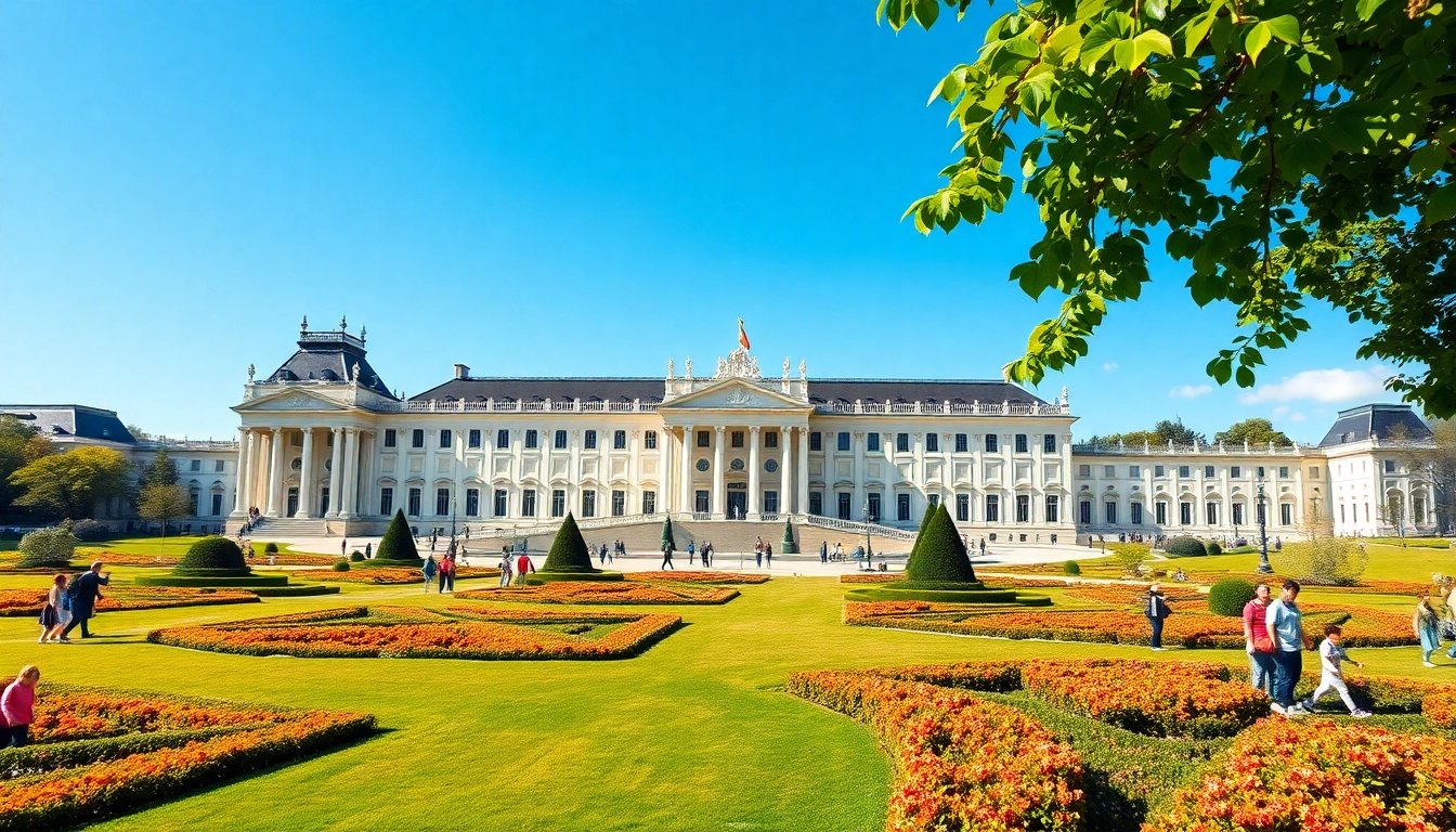 Visitors admiring Schönbrunn Palace in Vienna against a sunny backdrop, highlighting its architectural beauty.