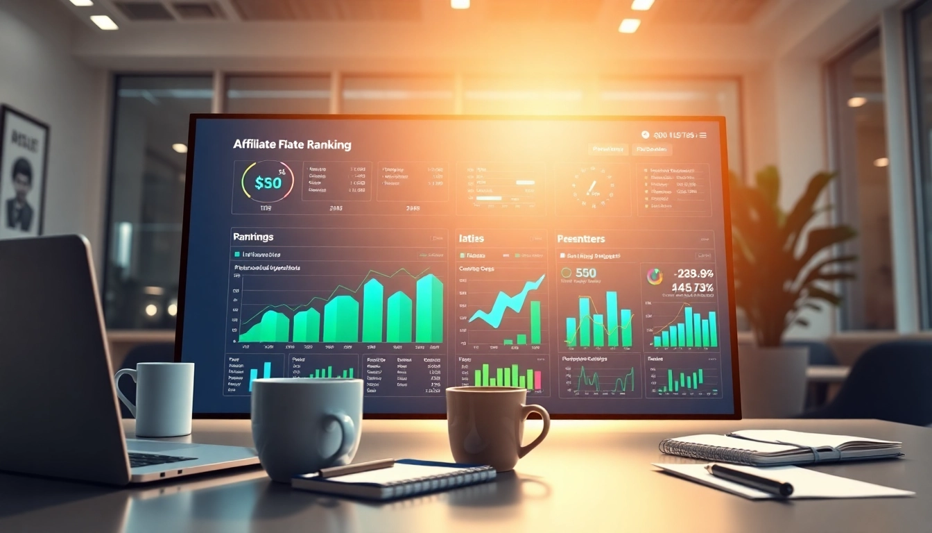 Visualize affiliate ranking data with dynamic charts and modern office setting.
