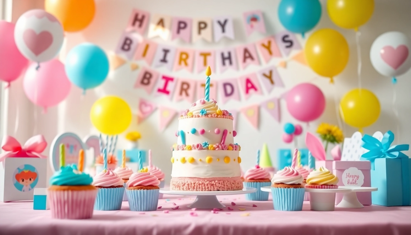 Set up for a customizable birthday party featuring personalized decorations and a vibrant atmosphere.
