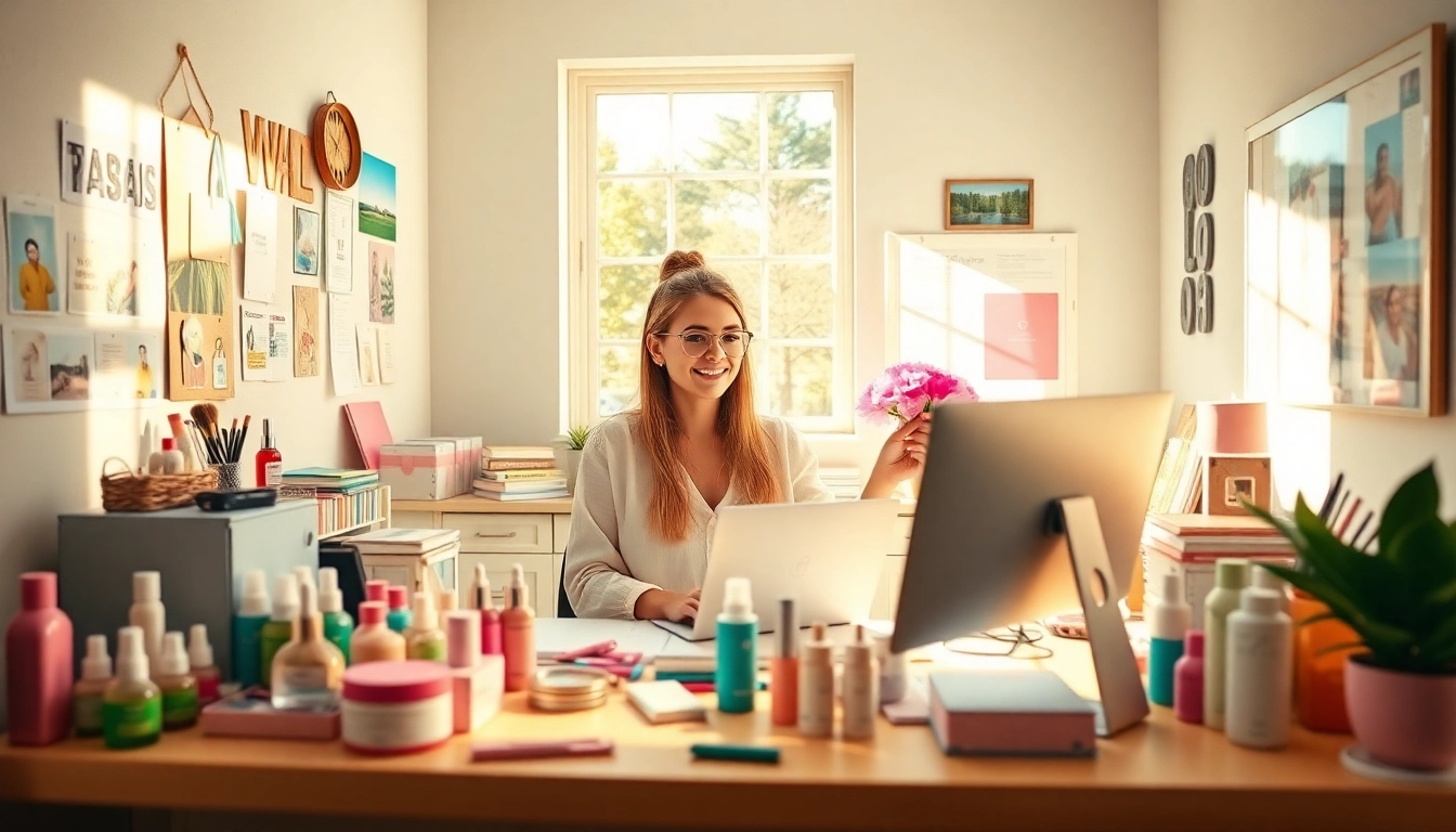 Showcasing a professional setup for beauty blogging at https://cosmeticsarenas.com, filled with skincare products and tools.