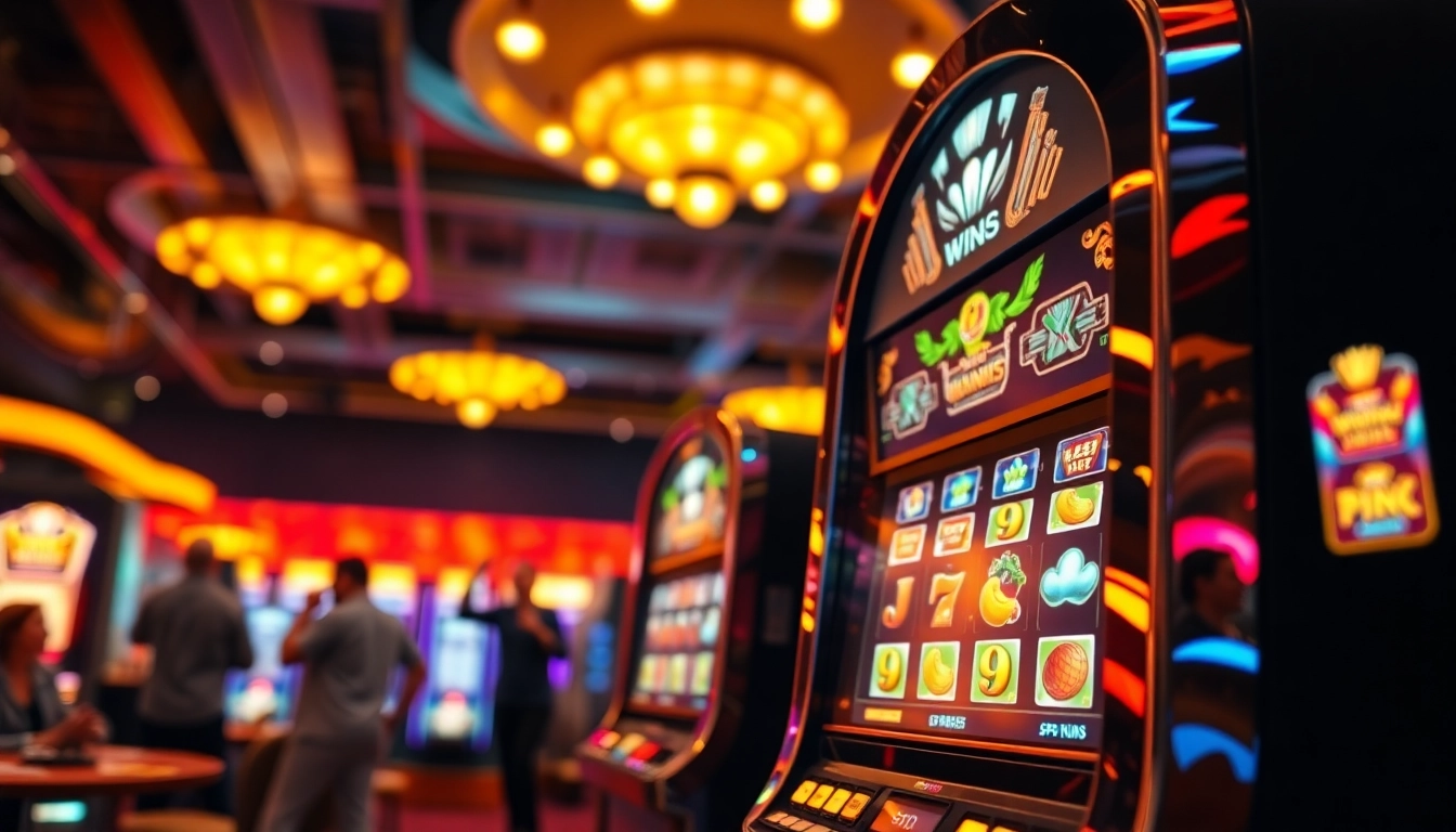 Engaging pg slot machine surrounded by vibrant lights and players in a lively casino scene.