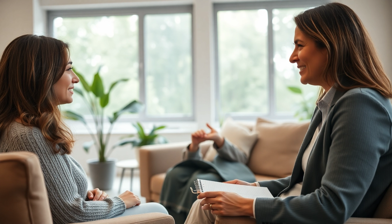 Psychologist counseling a client in a serene office environment, promoting a sense of calm and trust.
