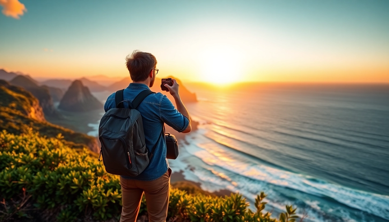 Travel blogger admiring stunning destinations in a serene scenic landscape.