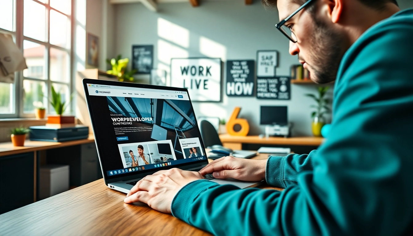 Find a skilled wordpress developer near me creating a stunning website in a modern office.