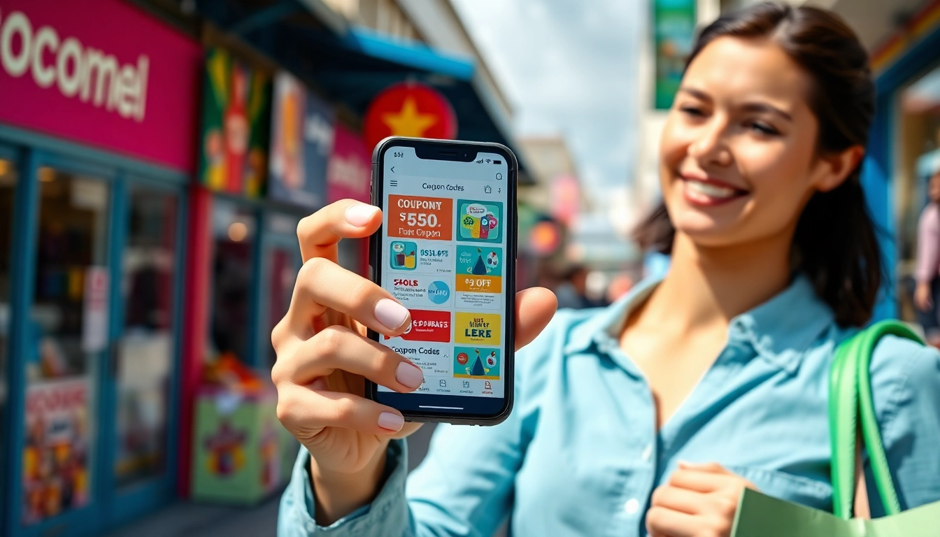 Shopper excitedly using Coupon Code on smartphone in an urban marketplace