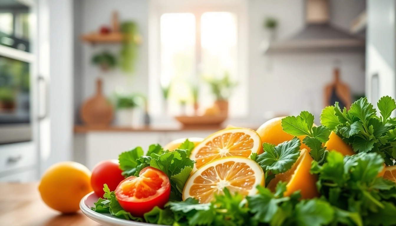 Promote a liver cleanse for weight loss with a colorful plate of fresh foods in a bright kitchen.