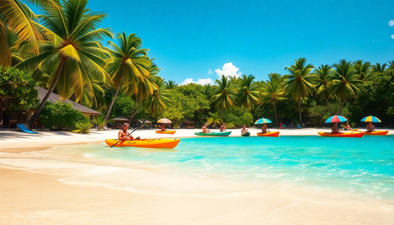 Engaging scene showcasing Harvest Caye Tours Belize with vibrant beach activities and tourists.