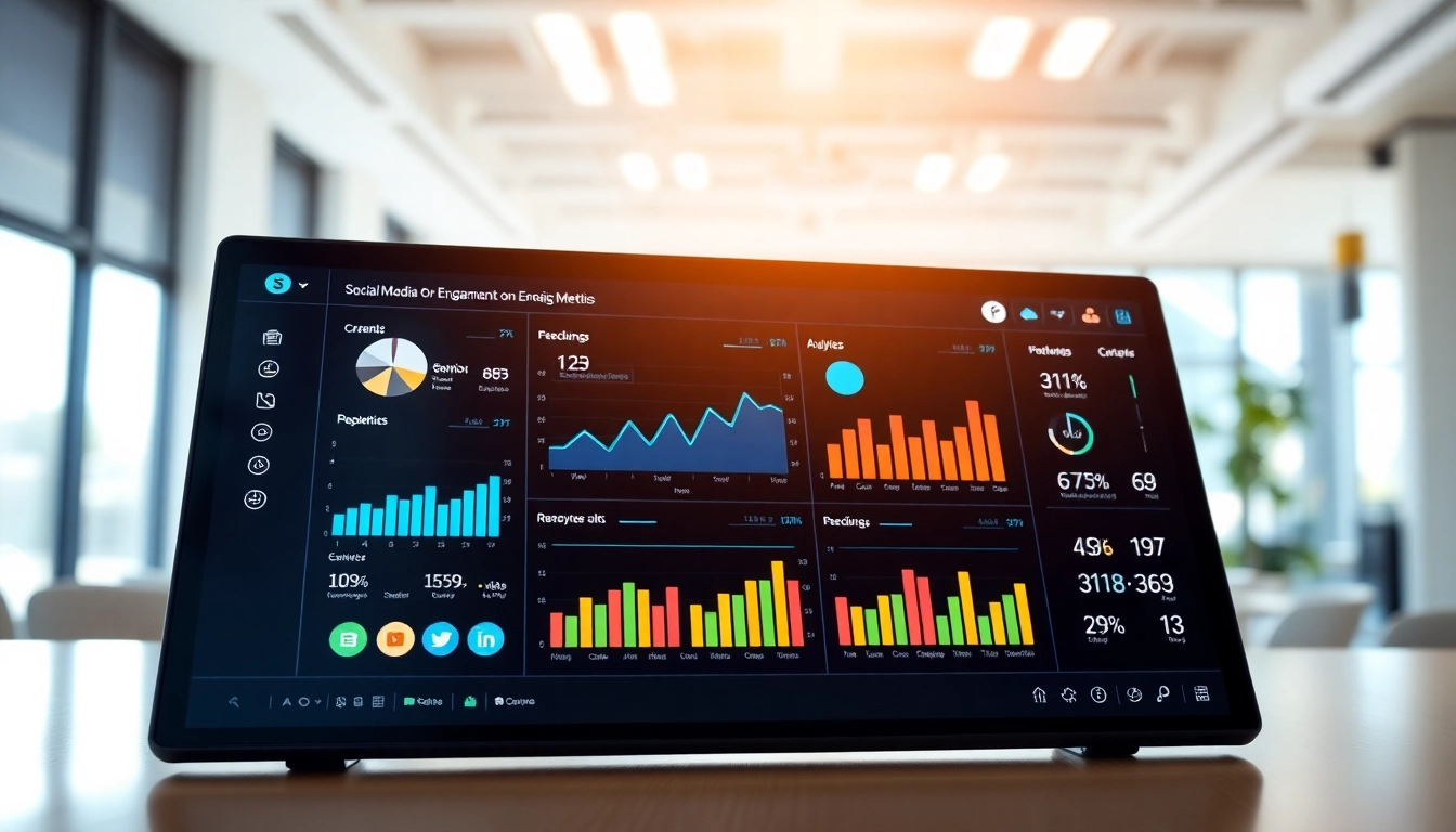 Interactive social media panel showcasing analytics and metrics in a modern office setting.
