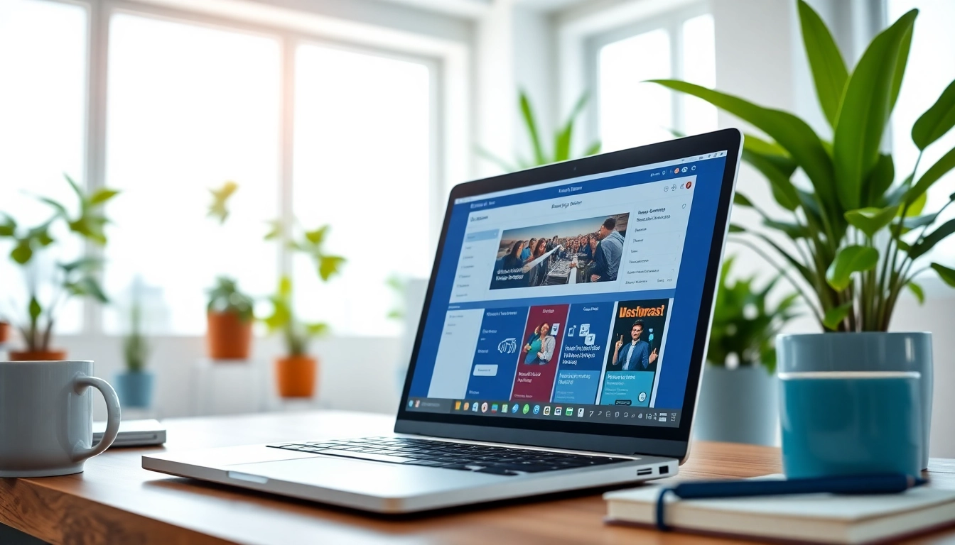 Showcase of Bluehost web hosting features on a laptop in a bright office setting