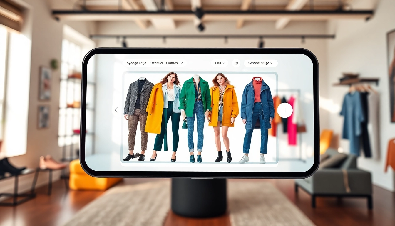Explore a stylish interface of a styling app with trendy outfit options and accessories.
