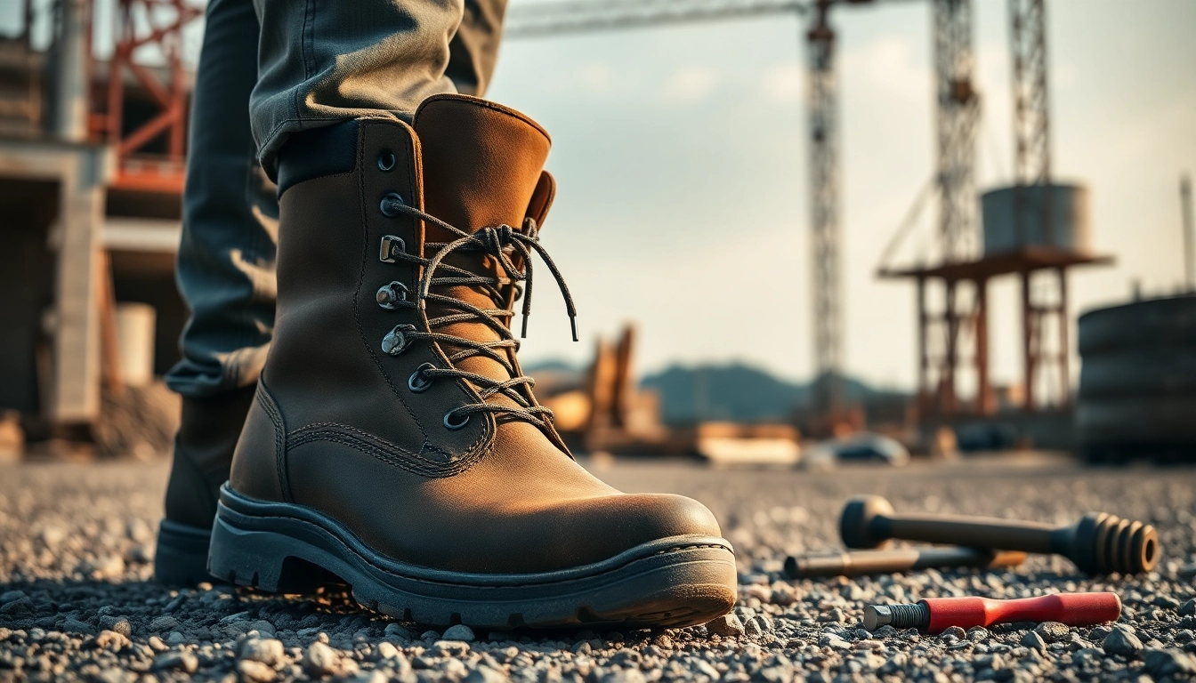 Safety boots in a rugged outdoor setting, emphasizing durability and work readiness.