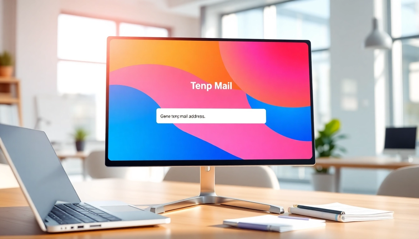 Generate a temp mail address with a user-friendly interface shown in a bright workspace.