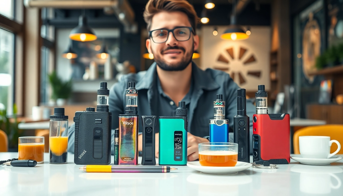 VAPEのデバイスとカラフルなリキッドを配置した現代的な場面を示しています。