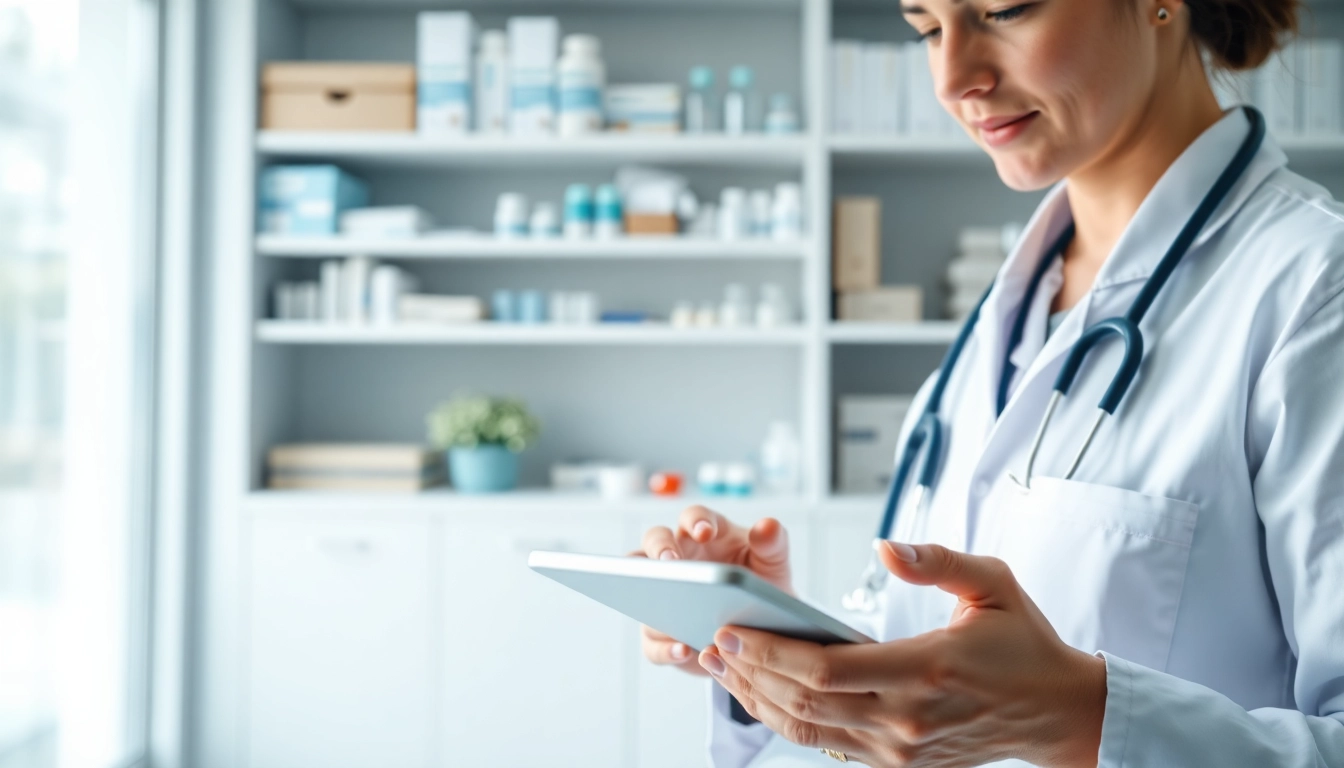 Choose an eprescription app while a doctor interacts with a tablet in a modern clinic.