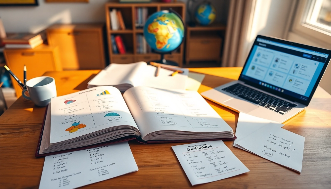 Engage in French conjugation with study materials laid out in a bright classroom atmosphere.