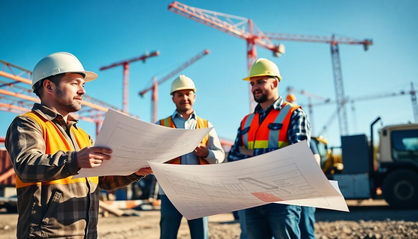 Illustrating the construction association wyoming's workforce collaborating on-site with blueprints.