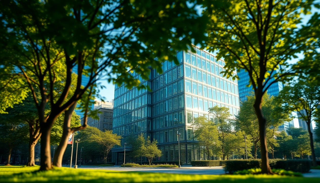 Architekturvisualisierung von einem modernen Gebäude in einer städtischen Umgebung mit Pflanzen.